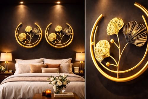 Image of F-RIQA METAL Luxury Golden Flower Metal Wall Art Set of 2 (13.8 x 10.5 Inch) | Elegant Ring Design Wall Decor for Bedroom & Living Room (Classic)