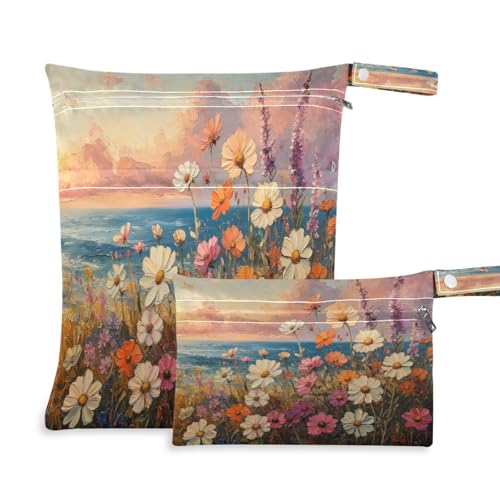 ATTX Daisies Painting Wet Dry Bags 2-Pack - Reusable Cloth Diaper Storage for Travel, Beach & Gym | Multi-Use Waterproof Bags for Swimsuits, Baby Clothes, Sports Gear#159