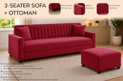 Image of 3 Seater Sofa with Ottoman | Modern Upholstered Couch | Vertical Channel Tufted Backrest | Comfortable Cushioned Seating | Contemporary Sofa Set for Living Room & Office - Red Color