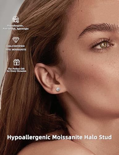 SAYATA Moissanite Halo Stud Earrings for Women & Men, Hypoallergenic 925 Sterling Silver Stud Earrings, 1.0-2.0ct3