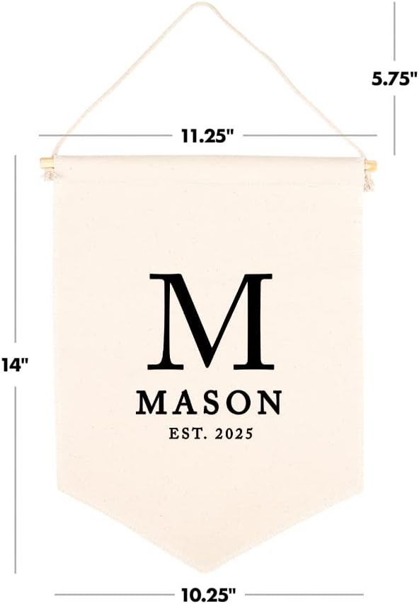 Andaz Press Personalized Hanging Wall Canvas Banner, Monogram Custom Name & Year Canvas Tapestry Wall Banner for Baby Girl Baby Boy Kids Canvas Nursery Wall Decoration Banner, Pennant Flag Wall Decor