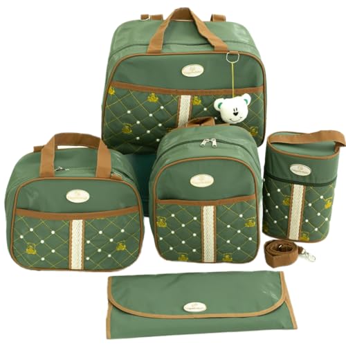 Kit Bolsa Maternidade, Mochila com Chaveiro de Ursinho, Bolsa Térmica, Trocador Impermeável, 5 Peças (Verde)