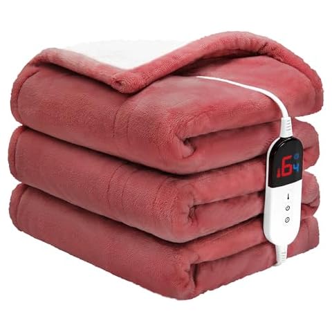 PTQ Heated Throw Blanket 50"×60" - Premium Cosy Soft Electric Blanket with 6 Heating Levels,Fast Heating Flannel Sherpa Blanket for Bed & Couch - Auto Shut Off/Machine Washable Blanket (Wine) Cover