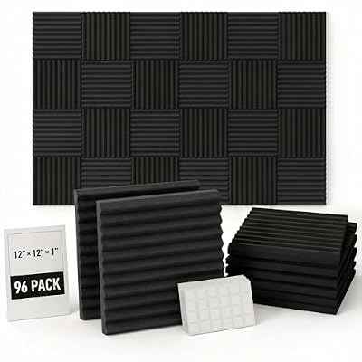 96 Pack Allxinlog Absorb the echo Acoustic Foam Panel Wedge Studio Soundproofing Wall Tiles 12" X 12" X 1"(Accompanied By Double-Sided Adhesive Tape) (96-BLACK)