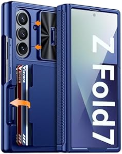 Vizvera for Samsung Galaxy Z Fold 7 Case With RFID Card Holder, HD Tempered Glass Screen Protector, Slide Camera Cover, Hinge Protection, Anti-Scratch Shockproof Wallet Phone Cover for Z Fold 7, Blue