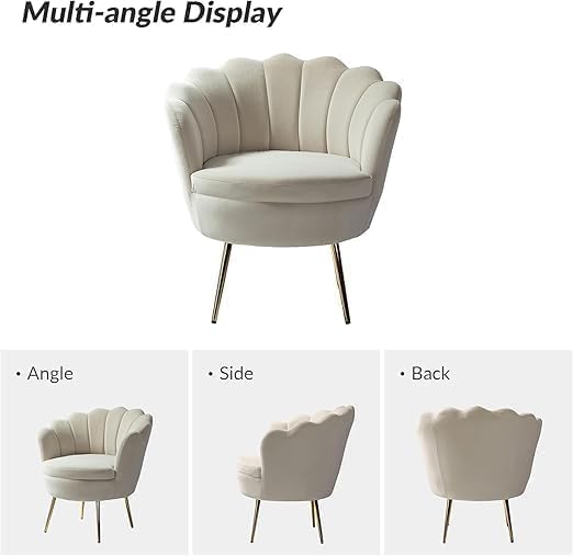 Image of Wooden Velvet Shell Accent Chair, Upholstery, Gold Metal Legs, Channel Tufted Design, Barrel Chair for Living Room, Drawing Room, Bedroom, & Office (Beige)