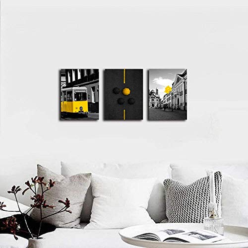 Nan Wind 3 Pcs Canvas Prints London Street Yellow Bus England City Buildings Yellow Balloons Umbrella In Black And White Paintings Wall Art Cityscape On Canvas Stretched And Framed For Home Decor #TOP4