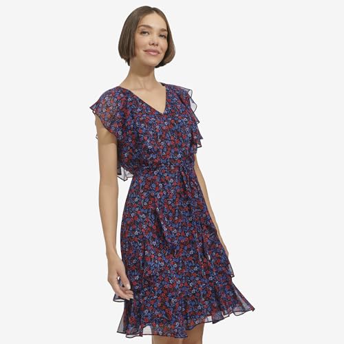 Image of Tommy Hilfiger Women's Sleeveless V-Neck Ruffle Trim Tie Waist Chiffon Mini Dress