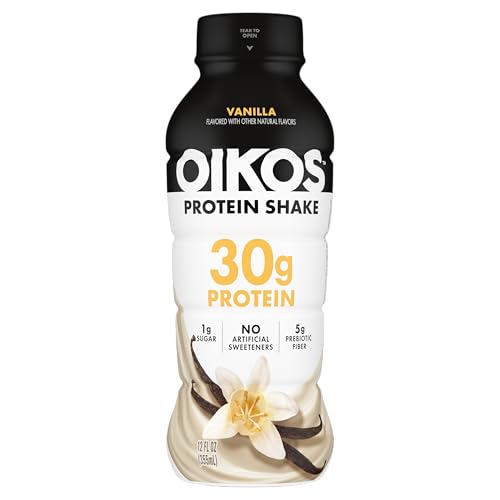 Oikos Protein Shake, Vanilla, 30g High Protein Drinks, Shelf Stable, Ready to Drink, 5g Prebiotic Fiber, 12 fl oz Bottle