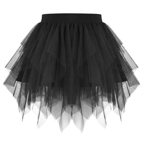 WHIPPY Tulle Skirt for Women Irregular Layered Mesh Tulle Tutu Skirt Short A-Line Ladies Tulle Skirt for Halloween Dancing Party Daily Black S