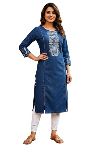 Image of Women's Blue Denim Embroidered Straight Kurti with 3 /4 Sleeves | Geometric Design Round Neck Kurta for Casual, Office