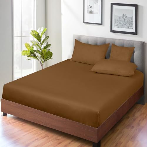 Image of ROYALE LINENS 300 Thread Count 100% Long Staple Combed Cotton Fitted Sheet Queen - Super Soft Deep Pocket Bottom Sheet - Fitted Sheets Only - Elastic Sheets (Queen, Chocolate)