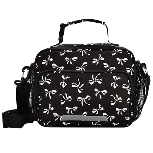 Wamika Bowknot Black Lunch Bag with Shoulder Strap for Kids Boys Girls Teens Bow Tie Lunch Box Woman Tote Bags Water-resistant Insulated Warm Cooler Bag for School Work Office Camp(11x9x5 Inch)