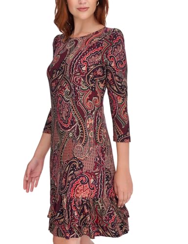 Image of Tommy Hilfiger Women's 3 /4 Sleeve Crew Neck Double Ruffle Hem Jersey Shift Mini Dress