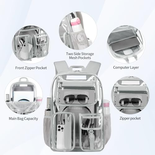 Image of Cusangel Heavy Duty Clear Backpack Clear BookBag,Stadium backpack 16 x11 x5inch TPU Large Capacity See Through Backpack for Sport Events,Travel (Grey)