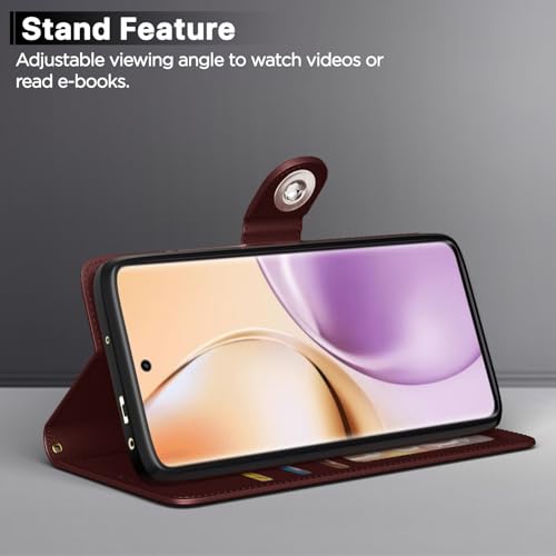 Image of Pikkme Flip Cover Leather Finish | Inside TPU with Card Pockets | Wallet Stand and Shock Proof | Complete Protection Button Flip Case for Realme 14 Pro 5G(Brown)