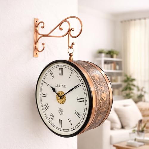 Image of Handcrafted Double Side Metal Analog Vintage Wall Clock | 1.5 Year Machine Warranty | 10 INCHES | 1 Side Number 1 Side Roman,Color Copper
