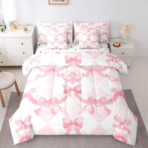 Image of Watercolor Bow Bed in a Bag Queen Comforter Set 7-Piece | Pink Bow Tie Bedding Sets Dreamy Princess Style Bowknot Comforter and Sheet Set, Girly Pink Bow Room Decor,Cute Room Decor Aesthetic Kawaii