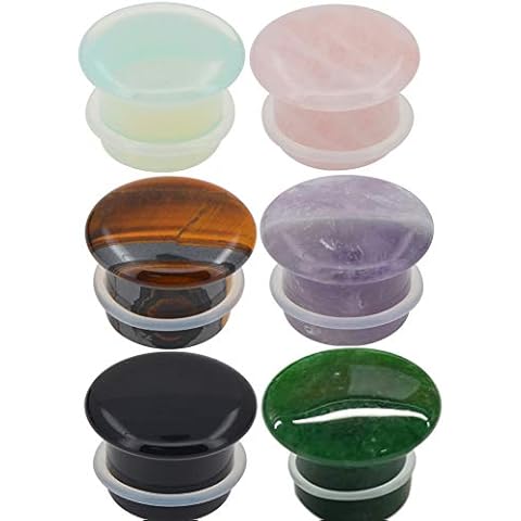 blue palm jewelry Set of 6 Pairs Single Flare Stone Ear Plugs Silicone O-Ring Expander Gauges 8ga - 5/8 inch E554 Cover
