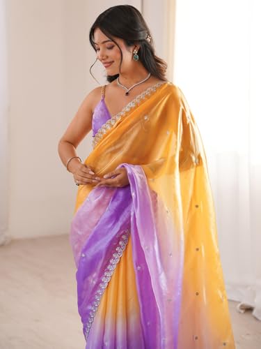 Image of AKHILAM Women's Shimmer Satin Sequence Embroidery Saree With Unstitched Blouse Piece(AARYAN21701 KR Parent)