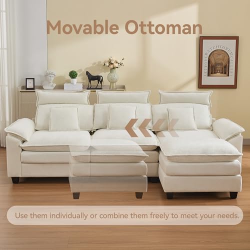 Image of 103'' Cloud Modern 3 Seater Couch with Detachable Headrest, Modular Sectional Sofa with Ottoman, Oversized L Shape Chenille Comfy Sofa with Armrests for Living Room, Beige