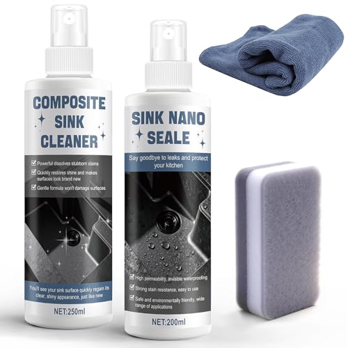 Kit de Nettoyage et Imprégnation pour Éviers en Granit, Nettoyant Éviers Granit, Kit de Nettoyage D'évier avec 1 Éponges et 1 Chiffon Microfibre, Idéal pour le...