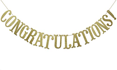 Image of Congratulations Banner, Graduation Party Decor | Gold Glitter Congrats Sign for Retirement, Wedding, Job Promotion Party Decorations, Pre-strung