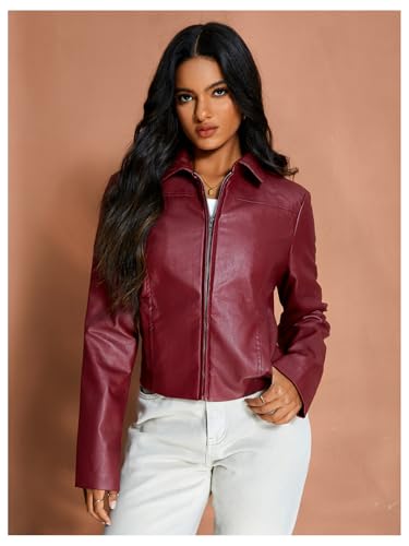 MakeMeChic Women's Crop Faux Leather Jacket Vintage Long Sleeve Collar Zip Up Biker Motorcycle Jackets Coats3