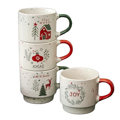 Darthome Stoneware Christmas Stacking Mugs, Set of 4, 300ml, Embossed Festive Designs, Dishwasher & Microwave Safe