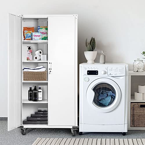 Greenvelly White Metal Cabinet With Wheels, 75" Locking Storage Cabinet With Door And 4 Shelves,Tall Heavy Duty Lockable Rolling Locker Tool Steel Cabinet For Home, Pantry, Garage, Basement, Workshop #TOP1