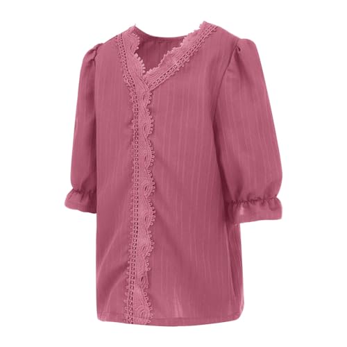 Girls V Neck Lace Trim Elegant Blouse Kids Puff Short Sleeve Basic Solid Tops Summer Dressy Loose Hollow Trendy Teen Tops3