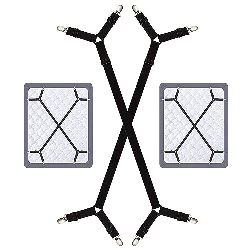 Elastici Ferma Lenzuola, Bretelle per Lenzuola, 2 Pezzi Clip Lenzuola Regolabili, 3-Modi Triangolo Cinghie Lenzuolo con Clip in Metallo per Angoli Lenzuola,coprimaterassi, Letto o Divano