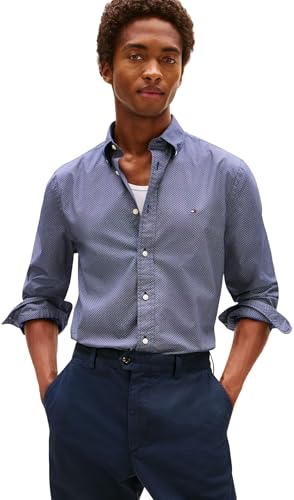 Tommy Hilfiger Men’s Flex Poplin Micro Regular Fit Shirt, Blue (Preppy Navy/Allover), XXL