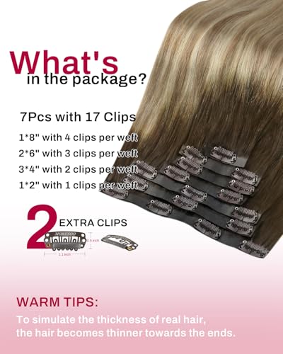 Image of Moresoo Clip in Hair Extensions, Balayage Blonde, PU Weft, for Fine Hair | Clip in human hair extensions, dark mocha brown to light brown and light gold blonde, 18inch 120g 7pcs, for social and office