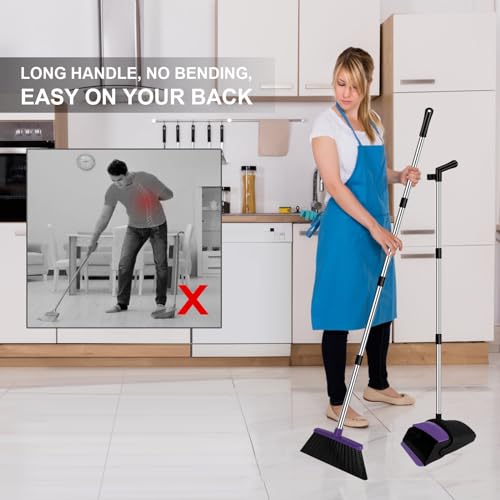 Image of UDUK Broom with Dustpan Combo Set, 51 inch Household Dustpans and Broom, Standing Dust Pan Set for Home, Purple Cleaning Set for Kitchen Lobby Indoor Outdoor