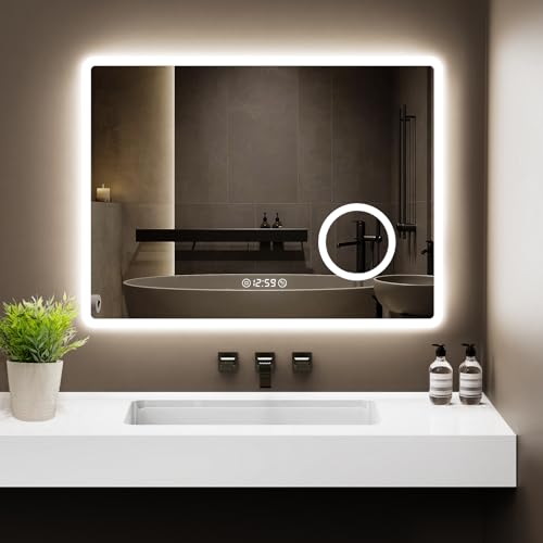 GIMBELEN LED Bad Spiegel 80x60 cm mit Beleuchtung, 3 Lichtfarben & Dimmbar,...