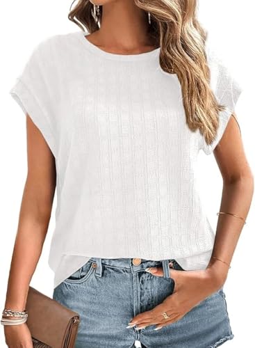 Cuptacc Blouse Femme Col Rond Top Manche Courte Plaid Couleur Unie Haut Long Élégant Blanc, Grand...