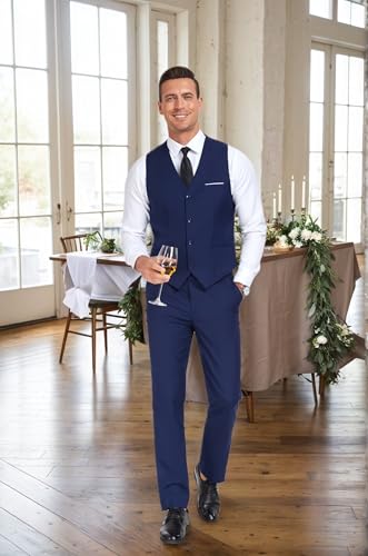 Men's Suits 2 Pieces Vest Pants Set for Men V-Neck Slim Fit Casual Tuxedo Men Suit Waistcoat Tie Business Party Prom 5