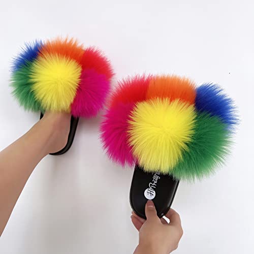Image of Women's Faux Fur Slides, Open Toe Cute Fur Slippers, Indoor or Outdoor Comfortable Furry Slide Sandals With Fluffy Fur