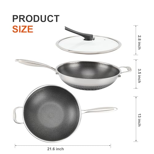 Vegoran 13 inch Wok Pan,Stainless Steel Stir-fry Wok, Non Stick Honeycomb Skillet with Stay Cool Handle- Suitable for Induction, Ceramic, Electric, and Gas Cooktops (13\" Honeycomb Wok Pan) - Thumbnail 4