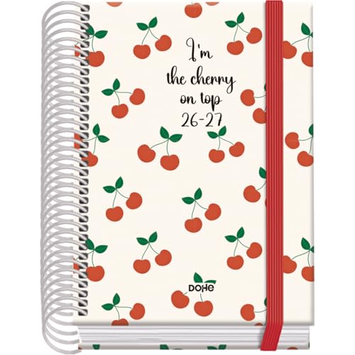 Dohe   Agenda Escolar 2026 2027   Septiembre a Junio, Día Página, A6 (12x17 cm), Tapa Dura, Cierre de Espiral y Goma Elástica, 2 Páginas de Pegatinas, Español e Inglés   Cerezas