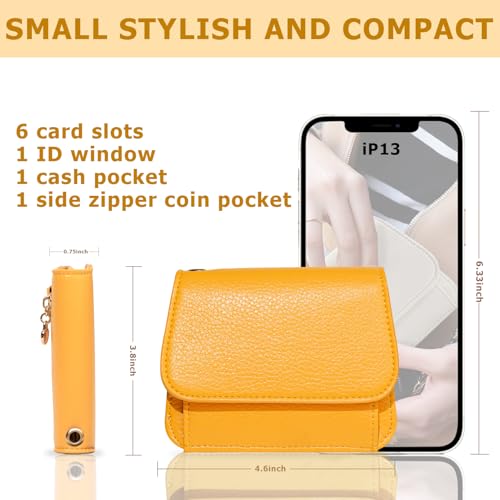 Image of Women Small Wallet RFID Blocking Slim Wallet with Coin Pocket Tri-Fold Credit Card Holder with ID Window and Keychain(Light Yellow)