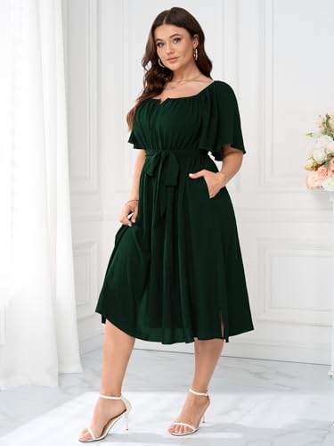 Women Plus Size Cocktail Dress Short Sleeve Square Neck Belted Elegant Flowy A Line Midi Dresses with Pockets2