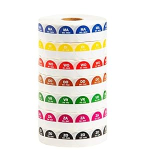 Labeltrading HACCP 7 rollen dagstickers (2000 Etiketten per rol) 19 mm,past in elke keuken, hygiënisch verantwoord, navulbaar, ook los verkrijgbaar. Korting op gehele set