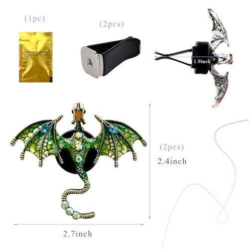 Image of 2PCS Bling Wyvern Car Air Freshener Vent Clips, Alloy Enamel Dragon Auto Outlet Clips with Fragrance Tablets, Refillable Cute Flying Dragon Crystal Vent Clip Aroma Diffuser (Green)