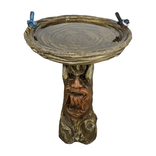 Image of SunJet 24 inch High x 19 inch Diameter Outdoor Bird Bath with Tree Face Pedestal - Fibre Reinforced Concrete Birdbaths with Decorative Birds for Garden, Patio, Yard, Lawn Decor