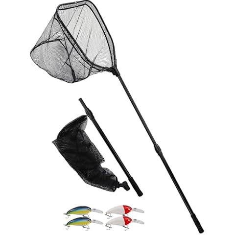 Uxwuy Large Fishing Net with Handle Rubber Fishing Net Telescoping Handle Saltwater Fishing Landing Net with 4pcs Crankbaits for Bass Fishing Fish Net Extends to 72.8inch Holds 44lbs Cover