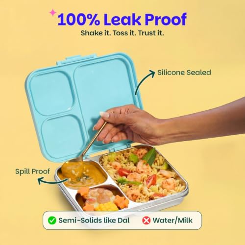 Image of Basil Bento Ace 3C Stainless Steel Lunch Box for Kids | 3 Compartment Leakproof Tiffin Box for Teens & Adults | BPA-Free, Easy-to-Open School Lunch Box | Wiggly Woof