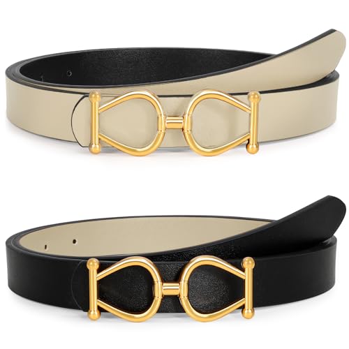 WERFORU Women Reversible Leather Belt for Women, Two-in-One Women Gold Buckle Leather Belt for Jeans Dress,Black/Beige, 43.3 Inches Length,Fit Waist Size 29 Inches-35 Inches