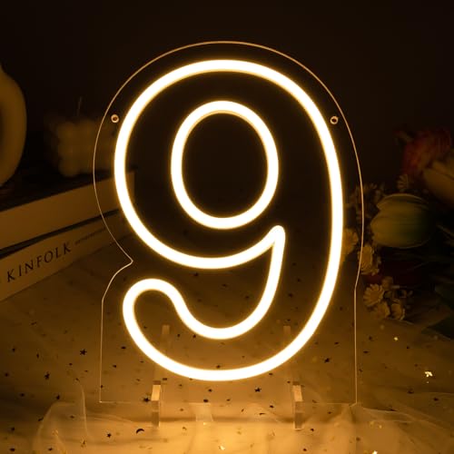 Image of Number 9 LED Neon Sign Backdrop Birthday Party Decoration, 11.3 inch Height Warm White Marquee Numbers Nine Light Up Sign for Wedding Anniversary Window Wall Table, Indoor Battery Operated or USB